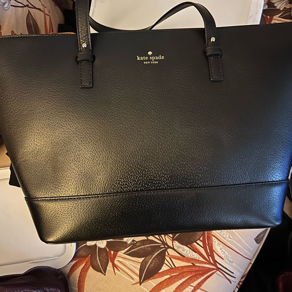kate spade Black Leather Laptop Tote with Gold Logo